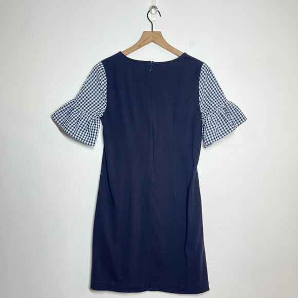 J. Crew Printed Bell Sleeve Dress Women's Size Small Navy Gingham Back Zip - Picture 3 of 9